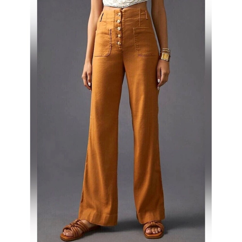 Anthropologie Maeve High Rise Relaxed Wide Leg Linen Blend Brown Pants SZ 0